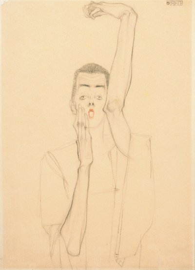 Mladý muž se zdviženou paží a červenými ústy; Autoportrét se zdviženou levou paží a červenými ústy, 1909 od Egon Schiele