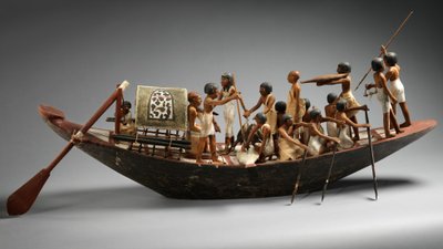Model sportovního člunu z hrobky Meketre, cca 1981–1975 před naším letopočtem (omítnuté a natřené dřevo, len, lněný provázek, měď) od Egyptian 12th Dynasty