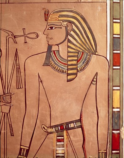 Amenhotep II (asi 1427-1392 př.nl) s ankhem zvednutým ke rtům ze sarkofágové komory jeho hrobky, Nová říše (malovaný vápenec) od Egyptian 18th Dynasty