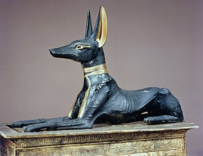 Anubis, egyptský bůh mrtvých z truhly ve formě svatyně, z hrobky Tutanchamona (asi 1370-52 př.nl) Nová říše (dřevo) (viz také 63054) od Egyptian 18th Dynasty