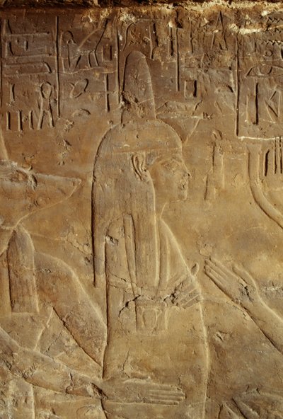 Anubis držící mumii, reliéf z hrobky Maii, Tutanchamonovy vlhké chůvy, Sakkára, Egypt, Egyptská civilizace, Nová říše, Dynastie XVIII, Detail od Egyptian 18th Dynasty