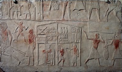 Uspořádání potravin ve skladech, vápencový nástěnný reliéf, z Memfitské hrobky Horemheba v Sakkáře, Egyptská civilizace, Nová říše, dynastie XVIII od Egyptian 18th Dynasty