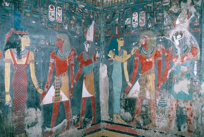Egypt, Théby, Luxor, Údolí králů, Horemhebova hrobka, nástěnná malba zobrazující Horemheba mezi bohyní Isis a bohem Horem, Nová říše, dynastie XVIII od Egyptian 18th Dynasty