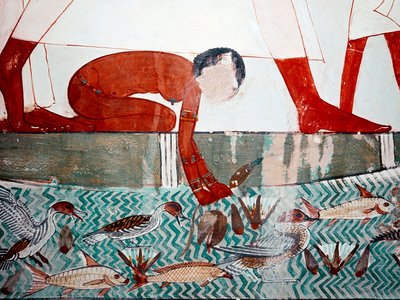 Egyptské umění: Hrobka Menny. Rybí scéna, detail. Nahá služebná trhá lotosový květ (18. dynastie) Fresku z Luxoru (místo Théb, Sheikh Abdul-Gurnah (Gurnah), levý břeh Nilu, Egypt. od Egyptian 18th Dynasty