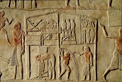 Egyptský starověk: „“potraviny se skladují ve skladech“““ Reliéf zdobící hrob vysokého úředníka 18. dynastie. Bologna Civico Museo Archeologico od Egyptian 18th Dynasty