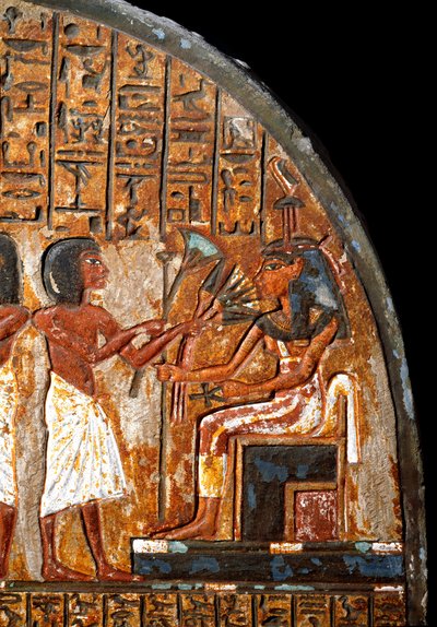 Egyptský starověk: pohřební stéla Minhotep: detail znázorňující oběť květin bohyni Hathor, která drží klíč života ve tvaru kříže Ansee (Ankh). 18. dynastie. 14. století př. n. l. Turín, Egyptské muzeum od Egyptian 18th Dynasty