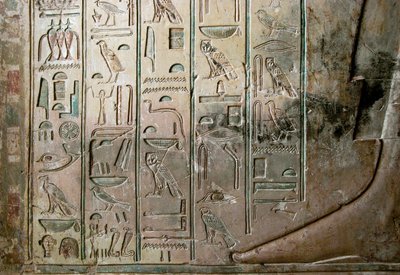 Egyptský starověk: reliéf a hieroglyfy hrobky Kha em Het (Khaemhat) inspektora podkroví a písaře na dvoře Amenophise III (TT57). 18. dynastie. 1530-1290 před naším letopočtem. Vallee des Nobles. Luxor, Západní břeh Jordánu, Egypt od Egyptian 18th Dynasty