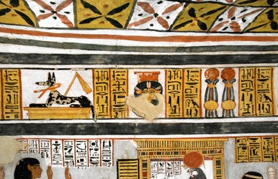 Egyptský starověk: reprezentace Anubise, Hathor a hieroglyfů. Obraz Royovy hrobky od Egyptian 18th Dynasty