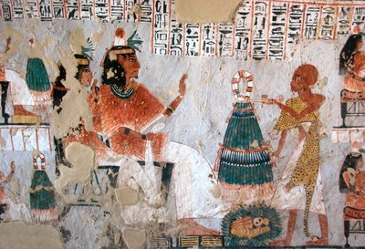 Egyptský starověk: reprezentace Roye a jeho manželky Nebtawy čelí veleknězi. Obraz hrobky Roy (TT255). 18. dynastie. Ze západního břehu Luxoru v Egyptě od Egyptian 18th Dynasty