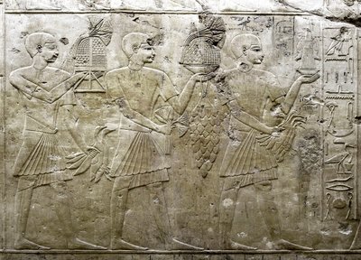 Egyptský starověk: zastoupení nositelů obětin. Nízký reliéf Hrobky Vizira Ramose (18. dynastie). Luxor, Théby, Údolí šlechticů Egypt od Egyptian 18th Dynasty