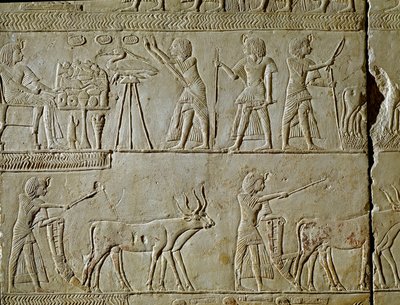 Egyptský starověk: výjevy práce na polích a obětiny faraonovi. Detail reliéfu z hrobky Horemheda (cca 1323-1293 př.nl), královského písaře Tutanchamona. 1354-1326 před naším letopočtem. Bologna, Civico Museo Archeologico od Egyptian 18th Dynasty