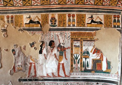 Egyptská antika: Horus vede Roye a jeho ženu k Osirisovi. Fragmenty fresky z Royovy hrobky (TT255). 18. dynastie. Ze západního břehu Luxoru, Egypt od Egyptian 18th Dynasty