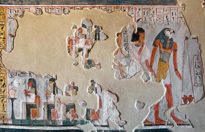 Egyptská antikitida: Hor přivádí Roye a jeho ženu k tíži srdcí. Fragmenty fresky z Tomb of Roy (TT255). 18. dynastie. Ze západního břehu Luxoru v Egyptě od Egyptian 18th Dynasty