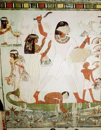Rybaření a lov ptáků v bažinách, detail z hrobové kaple Menna, Nová říše (nástěnná malba) od Egyptian 18th Dynasty