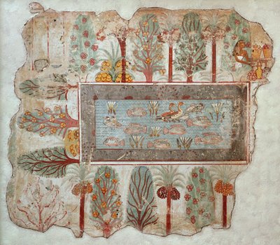 Zahrada soukromého statku s okrasným bazénem, část nástěnné malby z Nebamunovy hrobky, Théby, Nová říše, cca 1350 př.nl (malovaná omítka) od Egyptian 18th Dynasty
