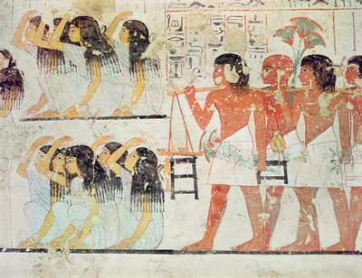 Skupina truchlících v pohřebním průvodu Ramose, z hrobové kaple Ramose, Nová říše, cca 1360 př. n. l. (nástěnná malba) od Egyptian 18th Dynasty