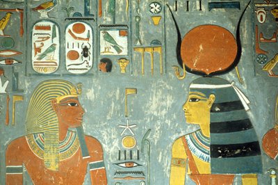 Horemheb a Hathor, z Horemhebovy hrobky (asi 1323-1295 př. n. l.) Nová říše (nástěnná malba) (detail 218340) od Egyptian 18th Dynasty