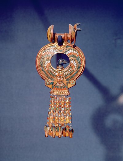 Levá náušnice z páru náušnic s modrým ptákem, z Tutanchamonovy hrobky, Údolí králů, Théby, asi 1347-37 př. n. l. (zlato a tavené sklo) (344029) od Egyptian 18th Dynasty