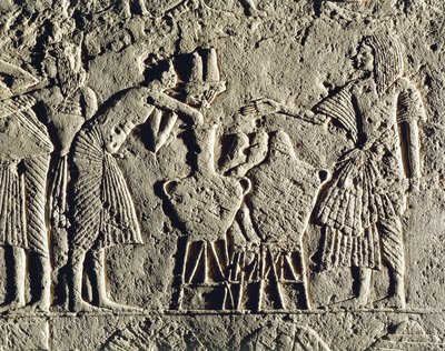 Život ve vojenském táboře: dělníci pracující na kontrole nápojů (víno a pivo), reliéf z Horemhebovy hrobky v Sakkáře, detail od Egyptian 18th Dynasty