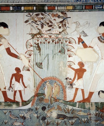 Menna a jeho rodina loví a loví ptáky v nilských bažinách, detail z fresek v kapli hrobky Menny, nekropole Sheikh Abd el Qurnah, Luxor, Théby (Seznam světového dědictví UNESCO od Egyptian 18th Dynasty