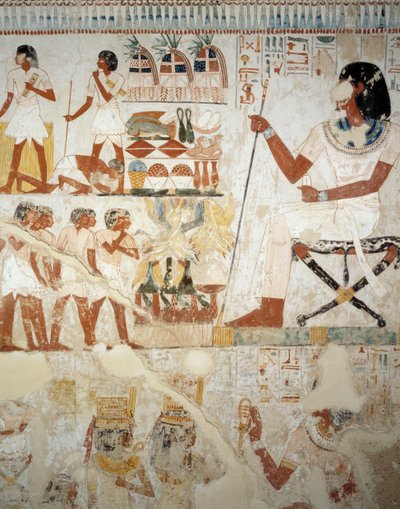 Menna dohlíží na své pracovníky na polích, detaily z fresek ve vestibulu Menny hrobky, nekropole šejka Abd el Qurnah, Luxor, Théby (Seznam světového dědictví UNESCO od Egyptian 18th Dynasty