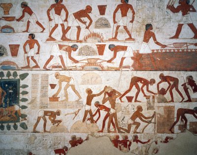 Zpracování kovů a výroba hliněných cihel, freska, kaple, hrobka Rekhmire (TT100), Sheikh Abd el-Qurna, Théby (Seznam světového dědictví UNESCO). od Egyptian 18th Dynasty