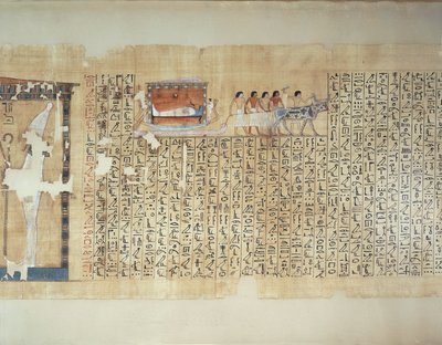 Papyrus zobrazující převoz sarkofágu na voze taženém volem, z Maiherperovy Knihy mrtvých. od Egyptian 18th Dynasty