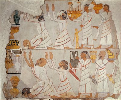 Část malované náhrobní zdi zobrazující asijské nositele úcty, cca 1400 př. n. l. (malovaná omítka na kameni) od Egyptian 18th Dynasty