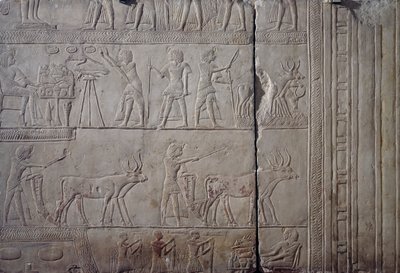 Faraon Horemheb, zobrazený při zemědělských pracích na polích Iaru, přijímající úrodu nabízenou zemědělci, vápencový nástěnný reliéf, z Horemhebovy memfické hrobky v Sakkáře, Egyptská civilizace, Nová říše, dynastie XVIII od Egyptian 18th Dynasty