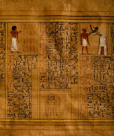 Část Knihy mrtvých s textem ve svislých sloupcích hieroglyfů a vložkami s polychromovanými ilustracemi, papyrus, 34 cm x 14 cm, z hrobky Kha v Deir el-Medině, Egyptská civilizace, Nová říše, dynastie XVIII od Egyptian 18th Dynasty