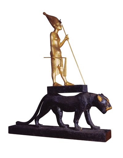 Soška krále na leopardovi. z hrobky Tutanchamona (asi 1370-1352 př.nl) Nová říše (dřevo a zlacený bronz) (viz také 228569) od Egyptian 18th Dynasty