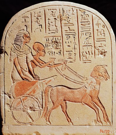 Stela zobrazující písaře jedoucího na voze, z Tell El-Amarna, Nová říše, cca 1353-1337 př.n.l. od Egyptian 18th Dynasty