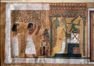 Zesnulý Kha a jeho manželka Merit uctívají Osirise, pána posmrtného života - Papyrus z Knihy mrtvých, z pohřební komory architekta Kha od Egyptian 18th Dynasty