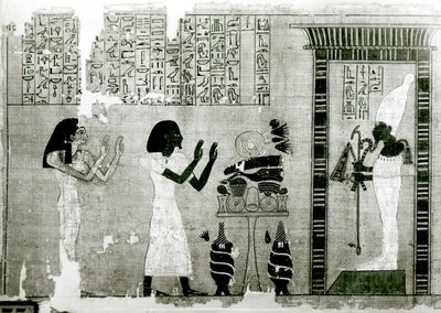 Zesnulý v doprovodu své sestry jde vzdát hold Osirisovi, detail z Knihy mrtvých, Nová říše (papyrus) od Egyptian 18th Dynasty