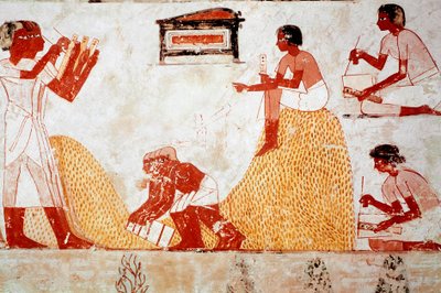 Tomb of Menna: Zemědělská scéna: sbírá obilí pod dohledem písaře, který zaznamenává sklizeň (freska) od Egyptian 18th Dynasty