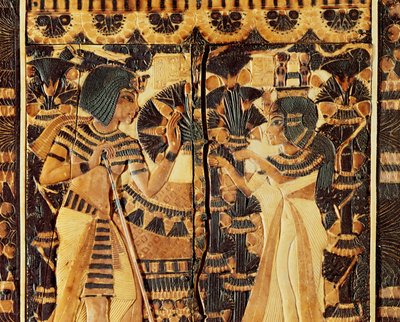 Horní panel z truhly, z hrobky Tutanchamona, Nová říše (dřevo, bronz, slonovina a barevná glazura) od Egyptian 18th Dynasty