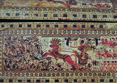 Tutanchamon (asi 1370-1352 př. n. l.) na voze útočícím na Afričany, detail z boku truhly, Nová říše, asi 1340 př. n. l. (malované dřevo) (viz 147998) od Egyptian 18th Dynasty