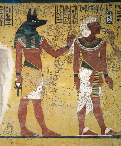 Tutanchamon je vítán Anubisem a Hathor a nabízí jim ankh, freska, jižní stěna pohřební komory, Tutanchamonova hrobka (KV62), Údolí králů, Théby, Egypt. Egyptská civilizace, Nová říše, dynastie XVIII. od Egyptian 18th Dynasty