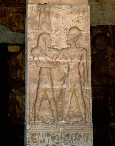 Umění starověkého Egypta: Nízký reliéf na sloupu chrámu Sethi I. (Sety nebo Seti I od Egyptian 19th Dynasty