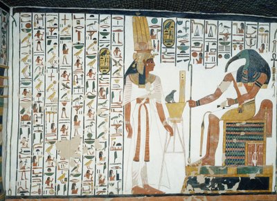 Kapitola 94 Knihy mrtvých, Nefertari stojící před bohem Thothem, písařem s hlavou ibise, freska, severní stěna, komora na východní straně, hrobka Nefertari (QV66), Údolí královen, Théby. Egyptská civilizace, Nová říše, dynastie XIX. od Egyptian 19th Dynasty