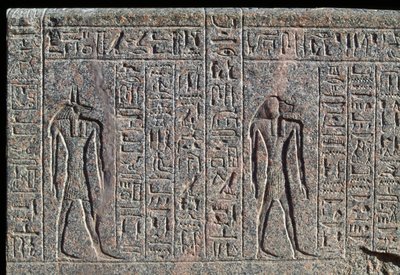 Vyobrazení Anubise, detail nápisu a reliéfu Anubise a dalšího boha, Amenhotepův sarkofág, Memfida, Egypt, Nová říše, 19. dynastie od Egyptian 19th Dynasty
