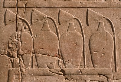Detail reliéfu znázorňujícího sklenice a lotosové květy (vápenec) od Egyptian 19th Dynasty