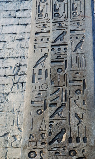 Detail růžového žulového obelisku, výška 25 metrů, objednavatel Ramesse II, Amonův chrám, chrámový komplex v Karnaku, Luxor, Théby (světové dědictví UNESCO) od Egyptian 19th Dynasty