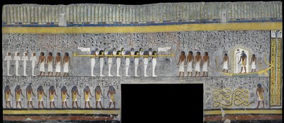 Egypt, Théby, Luxor, Údolí králů, hrobka Ramsese I., nástěnná malba Ra ve sluneční kůře v pohřební komoře z 19. dynastie od Egyptian 19th Dynasty