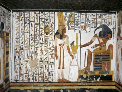 Egypt, Théby, Luxor, Údolí královen, Hrobka Nefertari, Příloha k předsíni, Nástěnné malby, Královna před božským písařem Thothem od Egyptian 19th Dynasty