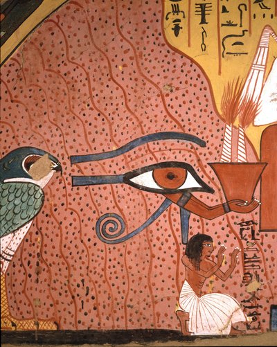 Egyptský starověk: „“ řemeslník Pached (nebo Pashedou nebo Pachedou nebo Pashed nebo Pashedu) klečí v uctívání v jeho blízkosti, oko Hora Oudjata“““ Freska hrobky Pachedou, Deir, el Medinet, Egypt od Egyptian 19th Dynasty