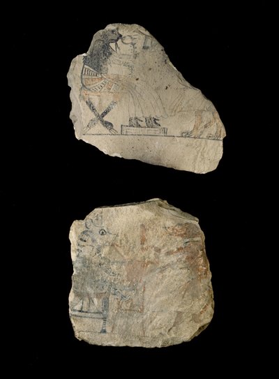 Vápencová ostraka s humornými kresbami červenou a černou tuší (vápenec malovaný černou a červenou tuší) od Egyptian 19th Dynasty