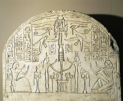 Vápencová stéla Perinefera s Isidou a Neftisem uctívajícími fetiš, který představuje Osirida, z Abydosu, doba vlády Ramsese II. od Egyptian 19th Dynasty