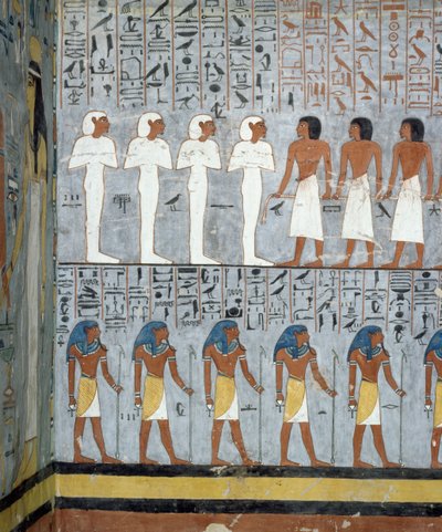 Mumie a mužské postavy, detail z fresek v pohřební komoře hrobky Ramesse I, Údolí králů, Luxor, Théby (Seznam světového dědictví UNESCO od Egyptian 19th Dynasty