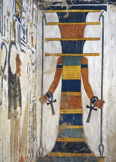 Osiris jako djedský sloup držící žezlo was v každé ruce a s ankh na každém zápěstí, detail z první západní přístavby hrobky Nefertari (nástěnná malba)  Egypt, Théby, Luxor, Údolí královen, hrobka Nefertari, příloha k pohřebnímu chamu od Egyptian 19th Dynasty